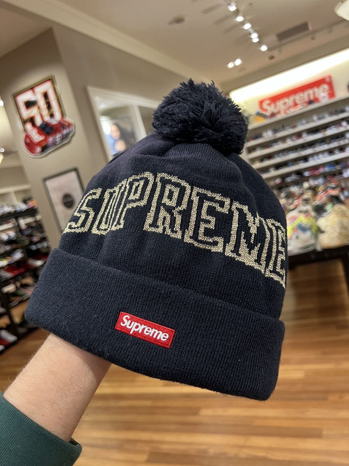 New Era Supreme Supreme new era metallic logo beanie navy Grailed