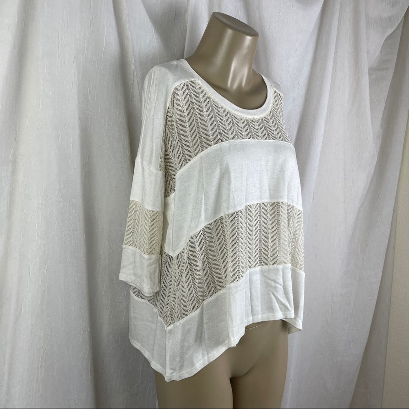 Forever 21 Cream Lace Panel Shirt Flowy Slouchy Boho 3/4 Sleeves NWT XS Size XS / US 0-2 / IT 36-38 - 3 Thumbnail