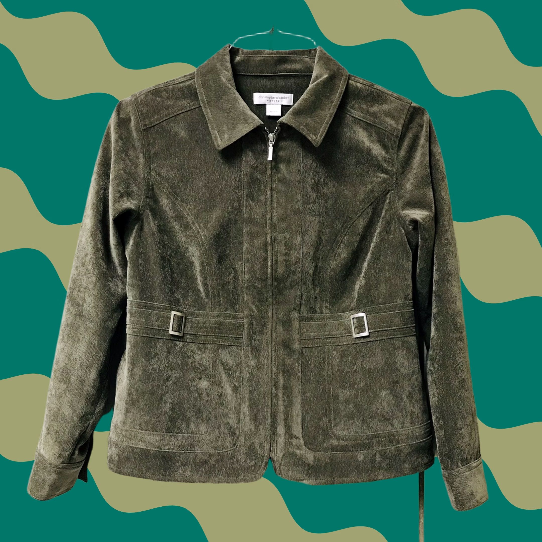 Vintage Christopher & Banks Women Olive Green Stretch Zip Blazer Jacket Petite PS Long Sleeve Collared Pockets Buckle 80s Classic Bohemian Jacket Size S / US 4 / IT 40 - 1 Thumbnail