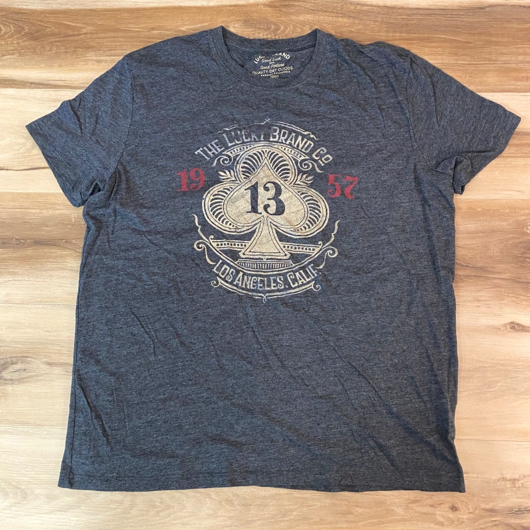 Lucky Brand Lucky Brand Shirt Men XL Heathered Gray Ace Spade 13 Los Angeles Graphic Tee Vintage Style 3-13 19 57 Crew Neck Short Sleeve Size US XL / EU 56 / 4 - 2 Thumbnail