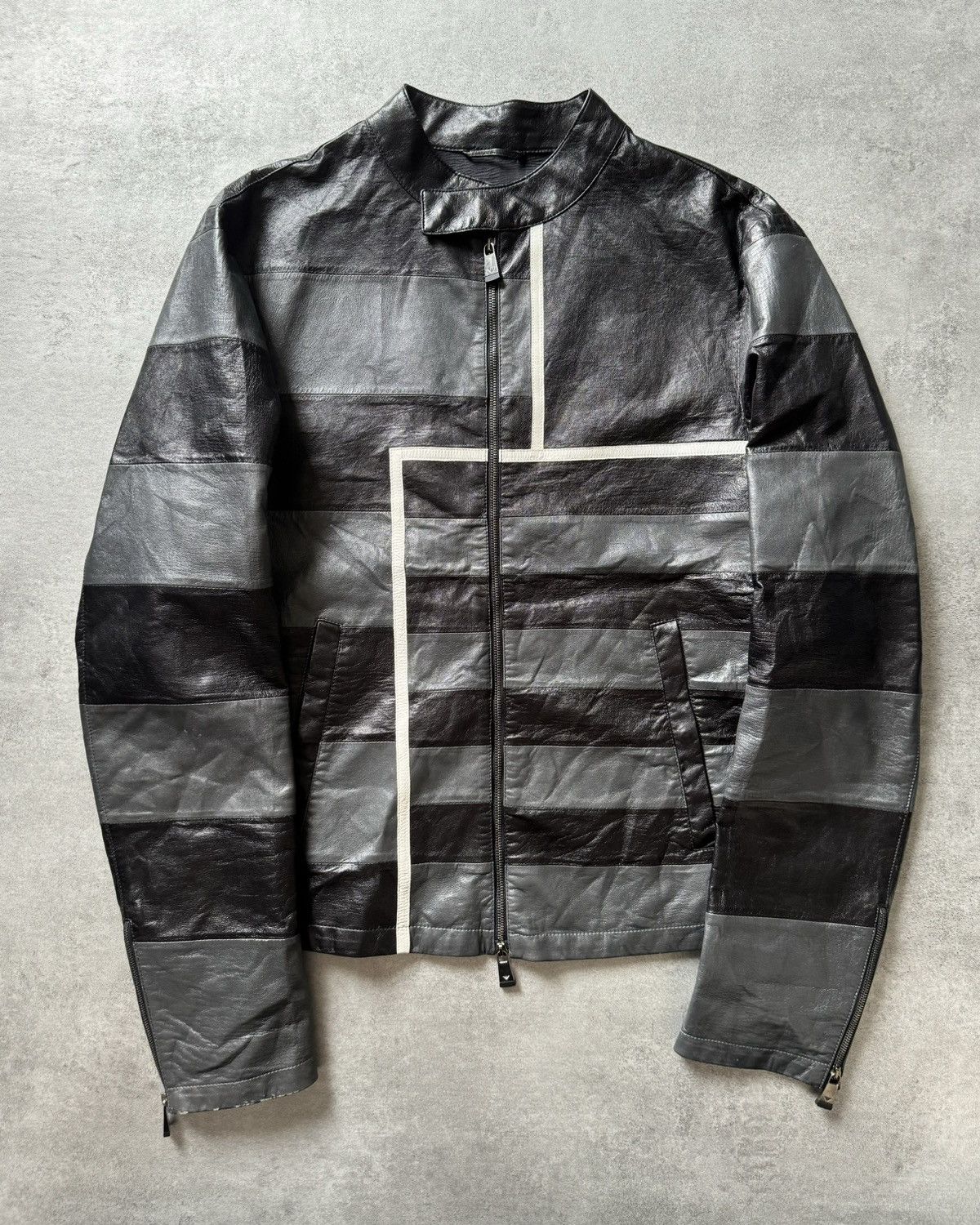 SS2015 Emporio Armani Dark Black Racing Leather Jacket - Leather 