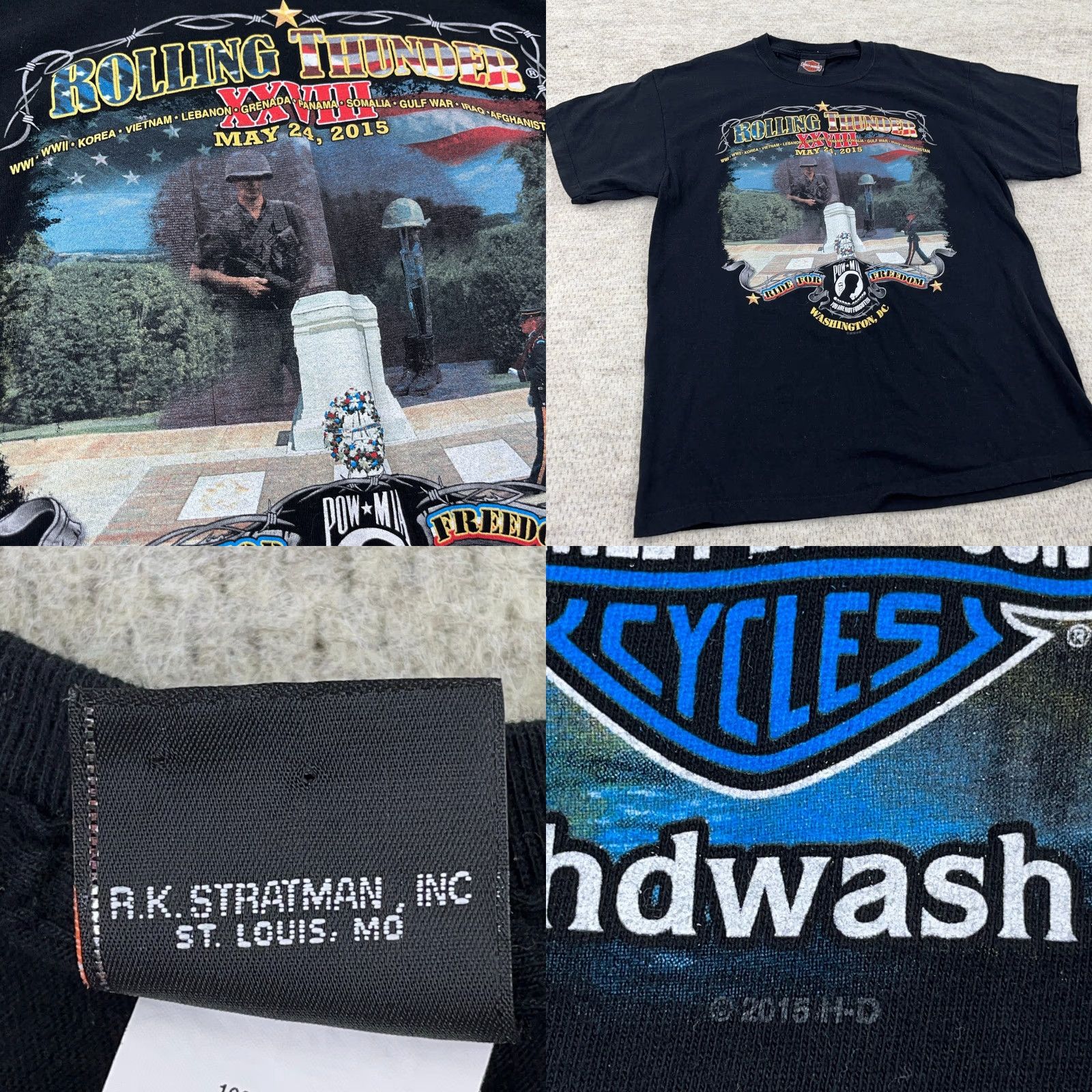 Harley Davidson Harley-Davidson Black T-Shirt Men Large Rolling Thunder Ride for Freedom Biker 80s Retro Motorcycle Logo Size US L / EU 52-54 / 3 - 8 Thumbnail