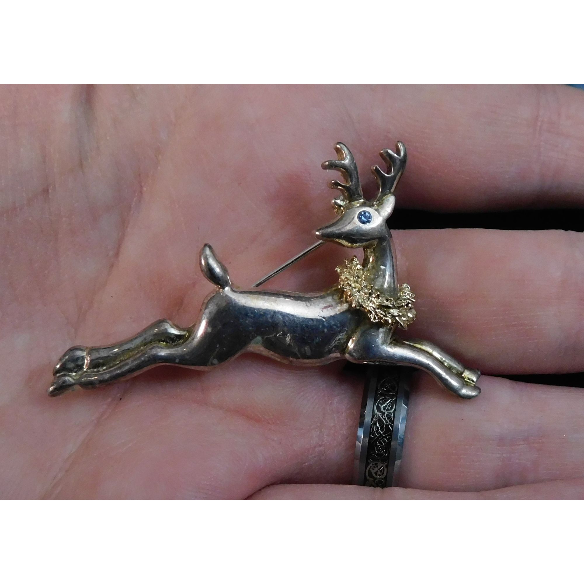 Other Vintage Festive Reindeer Brooch Silver Tone With Blue Rhines Size ONE SIZE - 2 Thumbnail