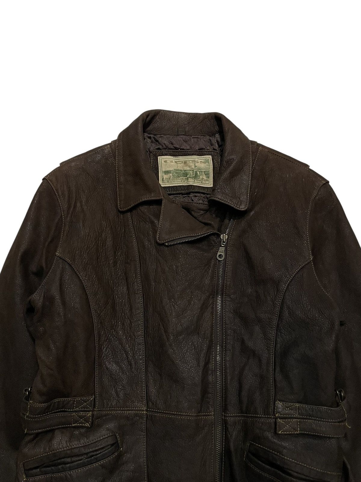 Guess 1990s Vintage GUESS Brown Leather Moto Jacket Size US M / EU 48-50 / 2 - 3 Thumbnail