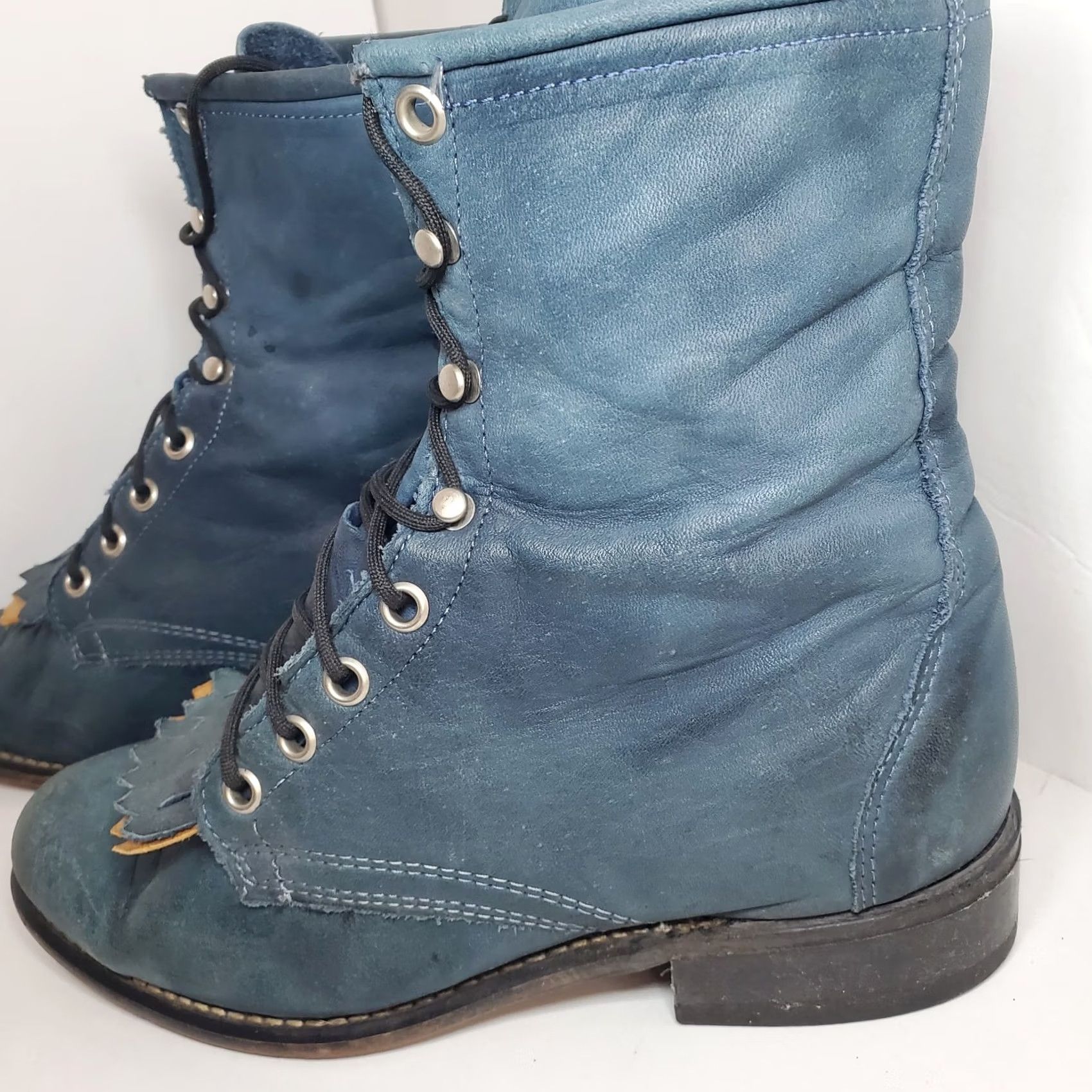 Vintage Laredo Roper Boots Womens 7M Teal Blue Leather Kiltie Western Riding Lace Up Fringe Vintage Cowboy Boot Mens? Ladies? Size US 7 / IT 37 - 5 Thumbnail
