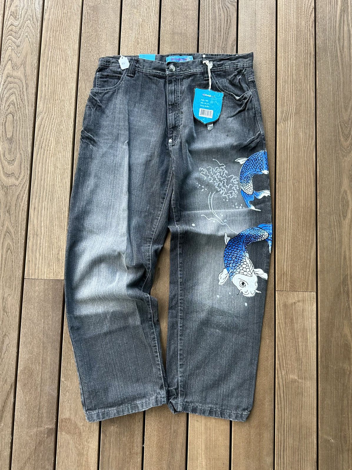 image of Vintage Crazy Y2K Koi 2000S Baggy Denim Jeans in Black, Men's (Size 38)