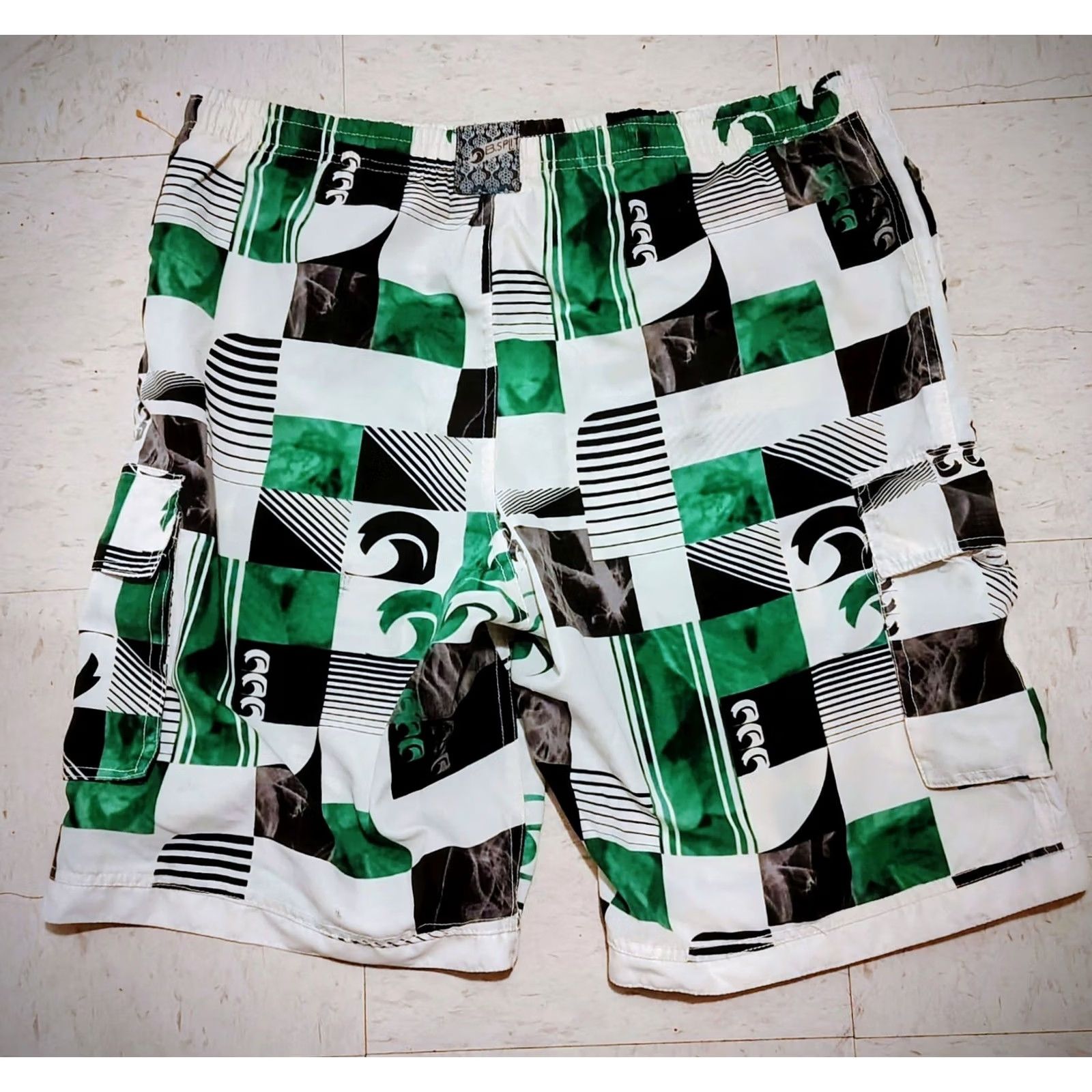 Vintage VINTAGE Banana Split Mens Swimwear Trunks Geometric Blue Elastic Waist Drawstring L Size US 33 - 2 Thumbnail