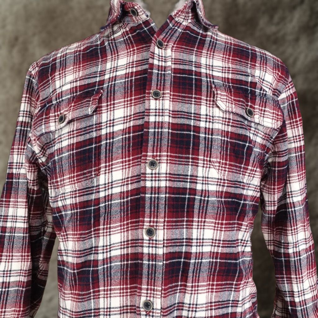 Vintage JACHS Shirt Mens Large Red Navy Plaid Flannel Long Sleeve Button Front Cotton Size US L / EU 52-54 / 3 - 1 Thumbnail