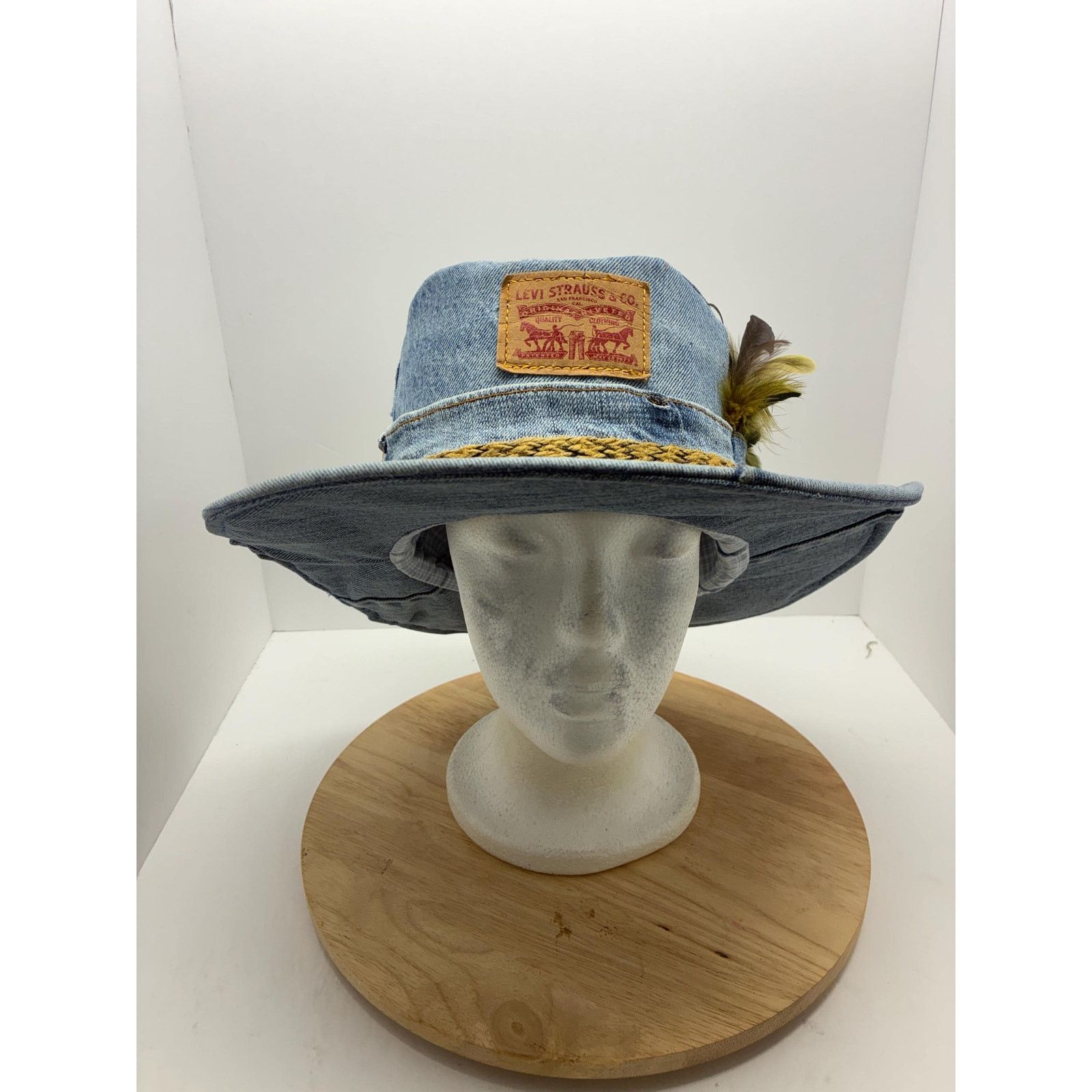 Other Handmade Upcycled Levi's Denim Bucket Hat – Pheasant Feather Size ONE SIZE - 1 Thumbnail