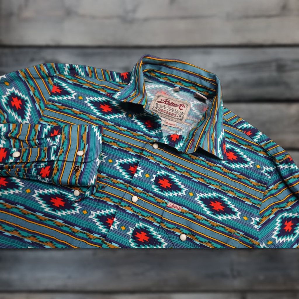 Vintage Rafter C Mens Long Sleeve Pearl Snap Shirt Blue Pro Flex 45 Western Aztec Cowboy Geometric Stretch Cotton Spandex Size US M / EU 48-50 / 2 - 1 Thumbnail