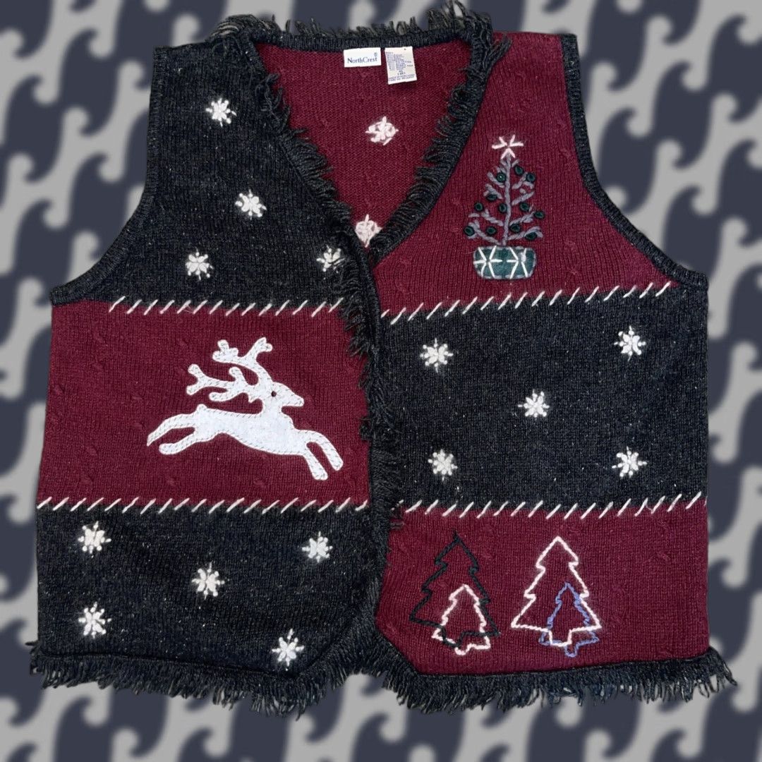 Vintage VINTAGE North Crest Winter Christmas Knit Vest Sweater Women's XL 18 Maroon Gray Holiday Wool Ramie Nylon Acrylic Mens? Size XL / US 12-14 / IT 48-50 - 1 Thumbnail