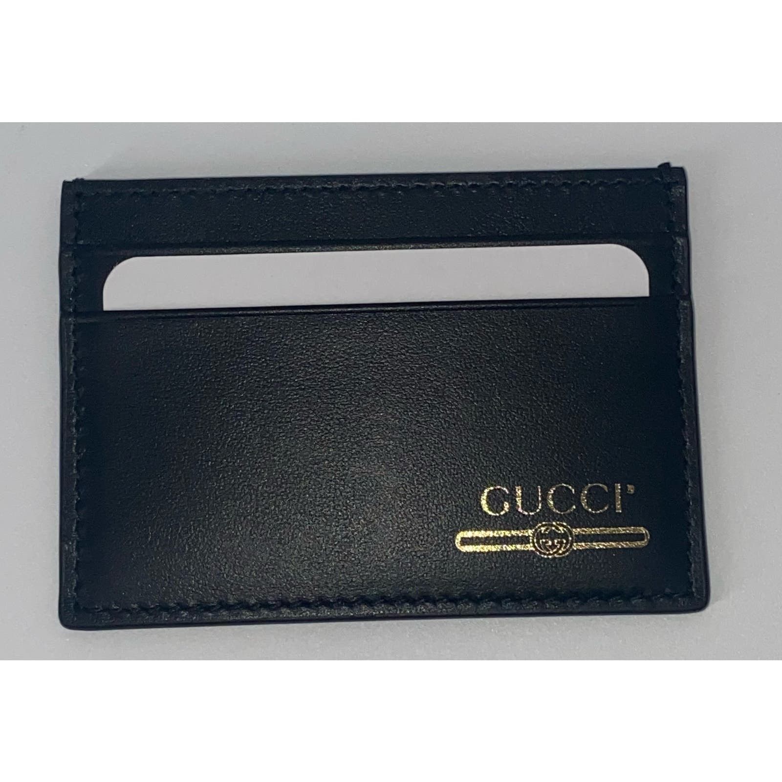 image of New Black Leather Gucci Card Holder With Gold Emblem!, Women's