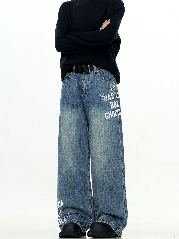 Vintage Retro men's loose casual street letter print washed jeans Size US 32 / EU 48 - 2 Thumbnail