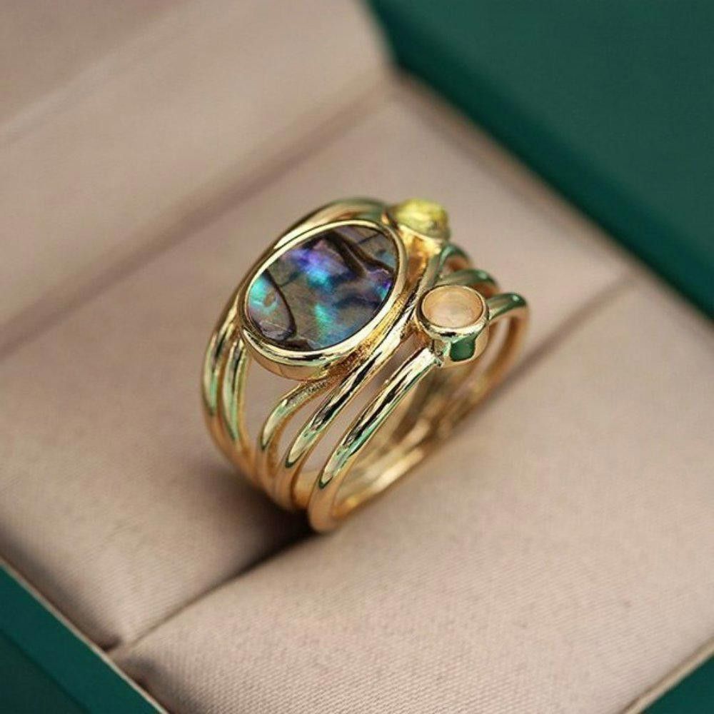 Designer Retro Moonstone Mosaic Gold Bohemian Ring - Size 6 Size ONE SIZE - 8 Thumbnail