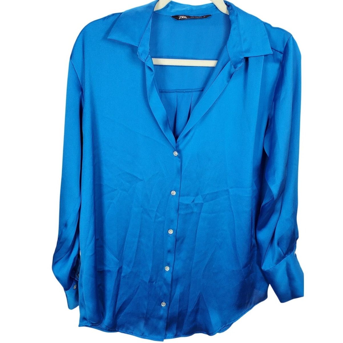 Zara Zara Blue Silky Button Up Blouse Long Sleeve Collared S Size S / US 4 / IT 40 - 1 Thumbnail