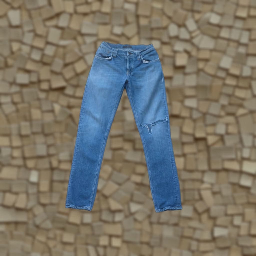 Denime NUDIE DISTRESSED JEANS REPAIRED PATCHED LIGHT BLUE VTG Y2K DENIM MENs SZ 29x34 Jeans Slim Light Blue 90s Mens 28in Waist 33in Inseam Size US 29 - 1 Thumbnail