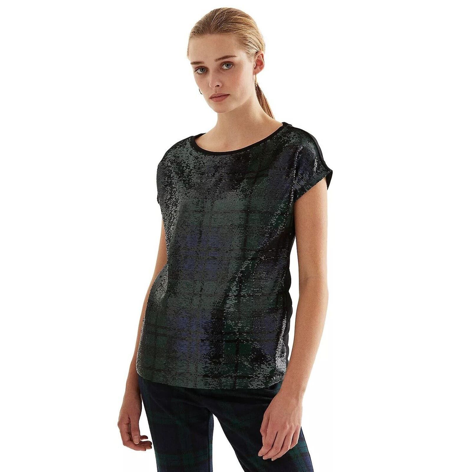 image of Lauren Ralph Lauren Ralph Laurent Women's Sequined Plaid Cotton-Blend Tee Size Xs