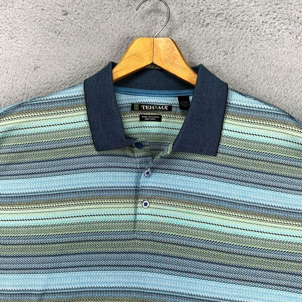 Vintage VINTAGE Tehama Shirt Polo Mens XL Blue Green Striped Pima Cotton Knit Rugby Outdoor Casual Size US XL / EU 56 / 4 - 2 Thumbnail