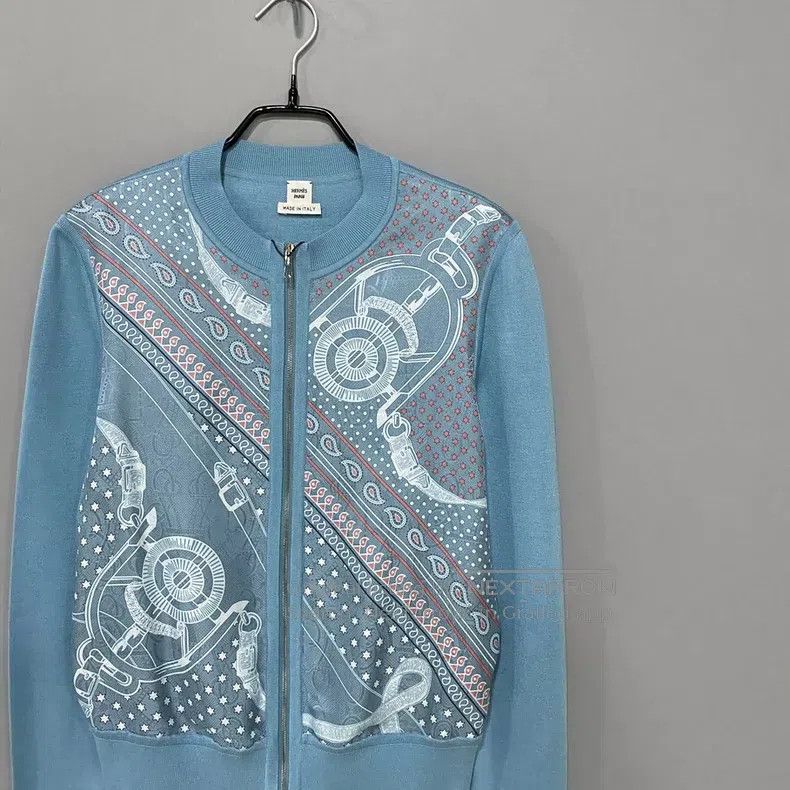 Hermes Hermes Polar Blue Patterned Silk and Knitted Blouse Size XXS / US 00 / IT 34 - 2 Thumbnail