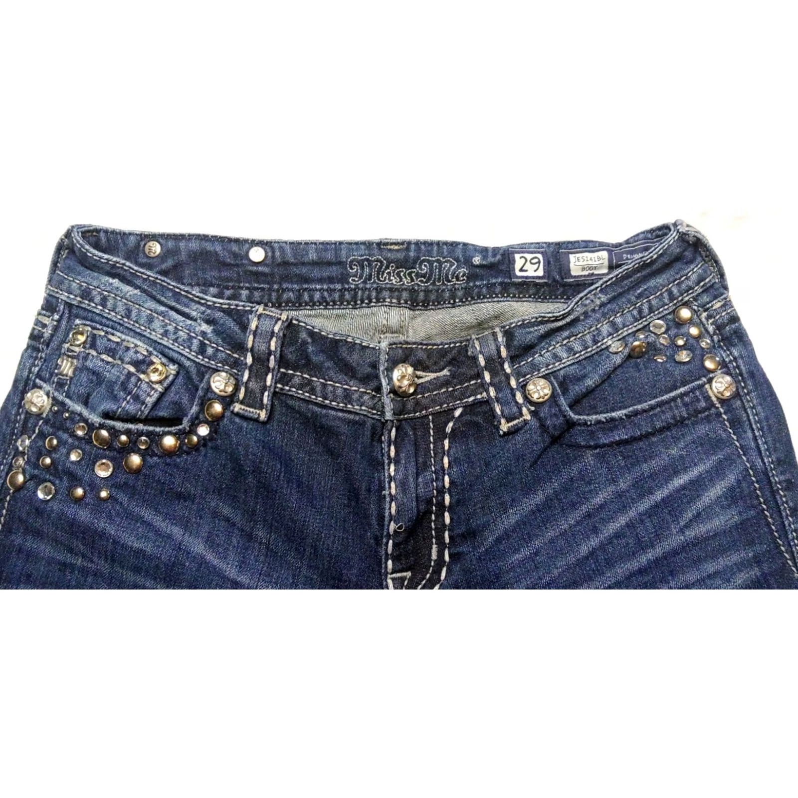 Miss Me Miss Me Jeans Bootcut 5-Pocket Denim Women 29 Medium Wash Blue Embroidered Pockets Stretch Relaxed Regular Size 30x31 Mens Womens Boys Girls Size 29" - 5 Thumbnail