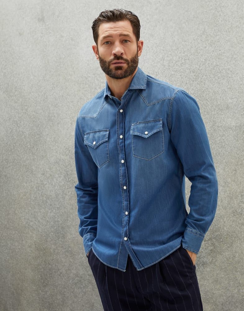 Brunello Cucinelli o1w1db10924 Denim Shirt in Open Blue Size US XL / EU 56 / 4 - 1 Preview