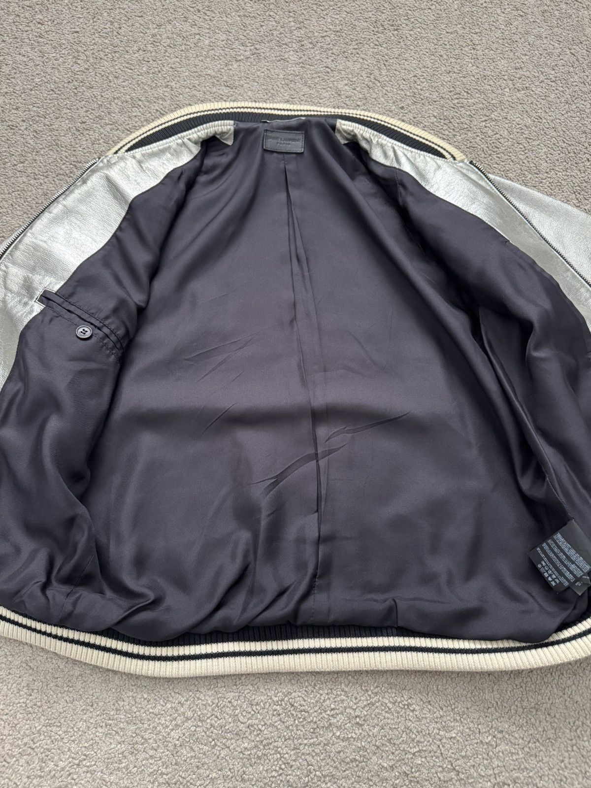 Saint Laurent Paris SS14 Saint Laurent Hedi Slimane Silver Varsity Teddy Jacket Size US S / EU 44-46 / 1 - 6 Thumbnail