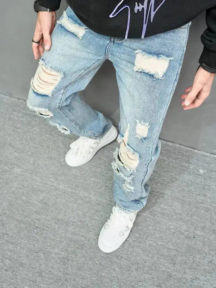 Japanese Brand Simple Men Loose Ripped Straight Jeans Size US 32 / EU 48 - 6 Thumbnail