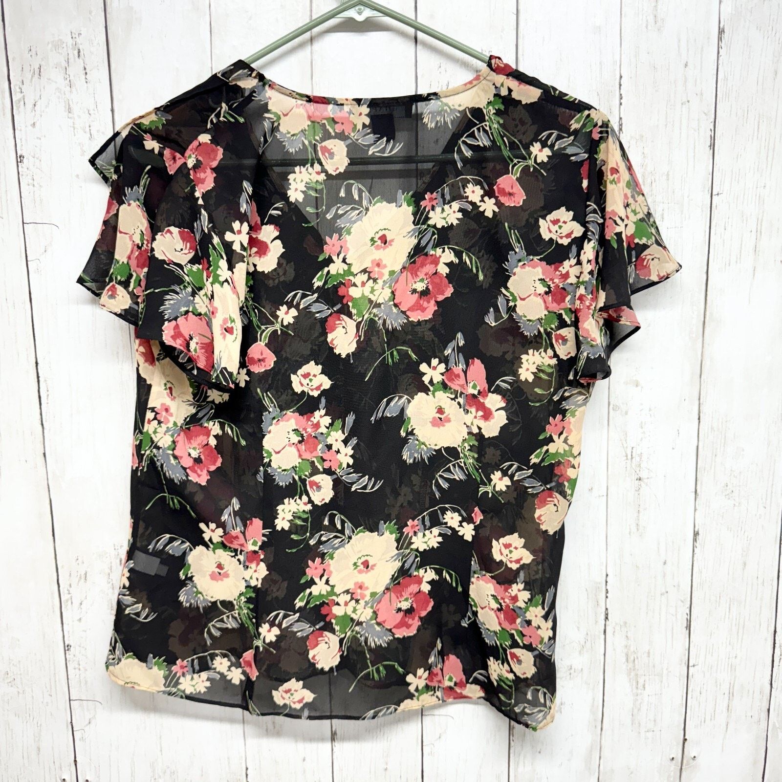 Chaps Chaps Top MD Short Sleeve Shell Black Floral Sheer V Neck Size M / US 6-8 / IT 42-44 - 4 Thumbnail