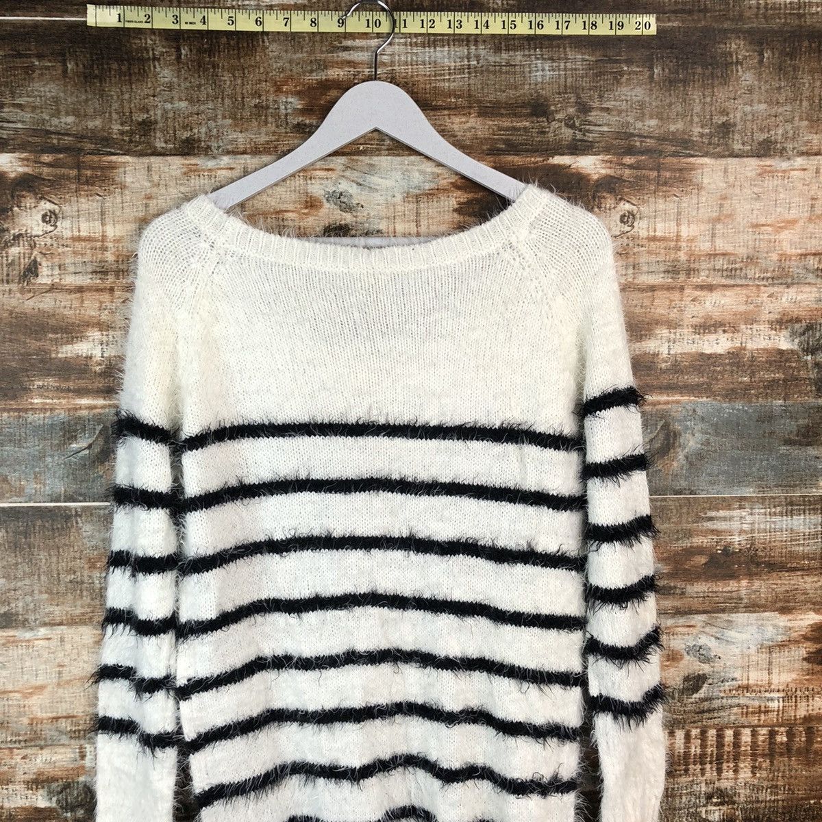 Homespun Knitwear × Japanese Brand × OVER THE STRiPES DLL Latina Stripe White fur shaggy mohair Knitwear #C057 Size M / US 6-8 / IT 42-44 - 14 Thumbnail
