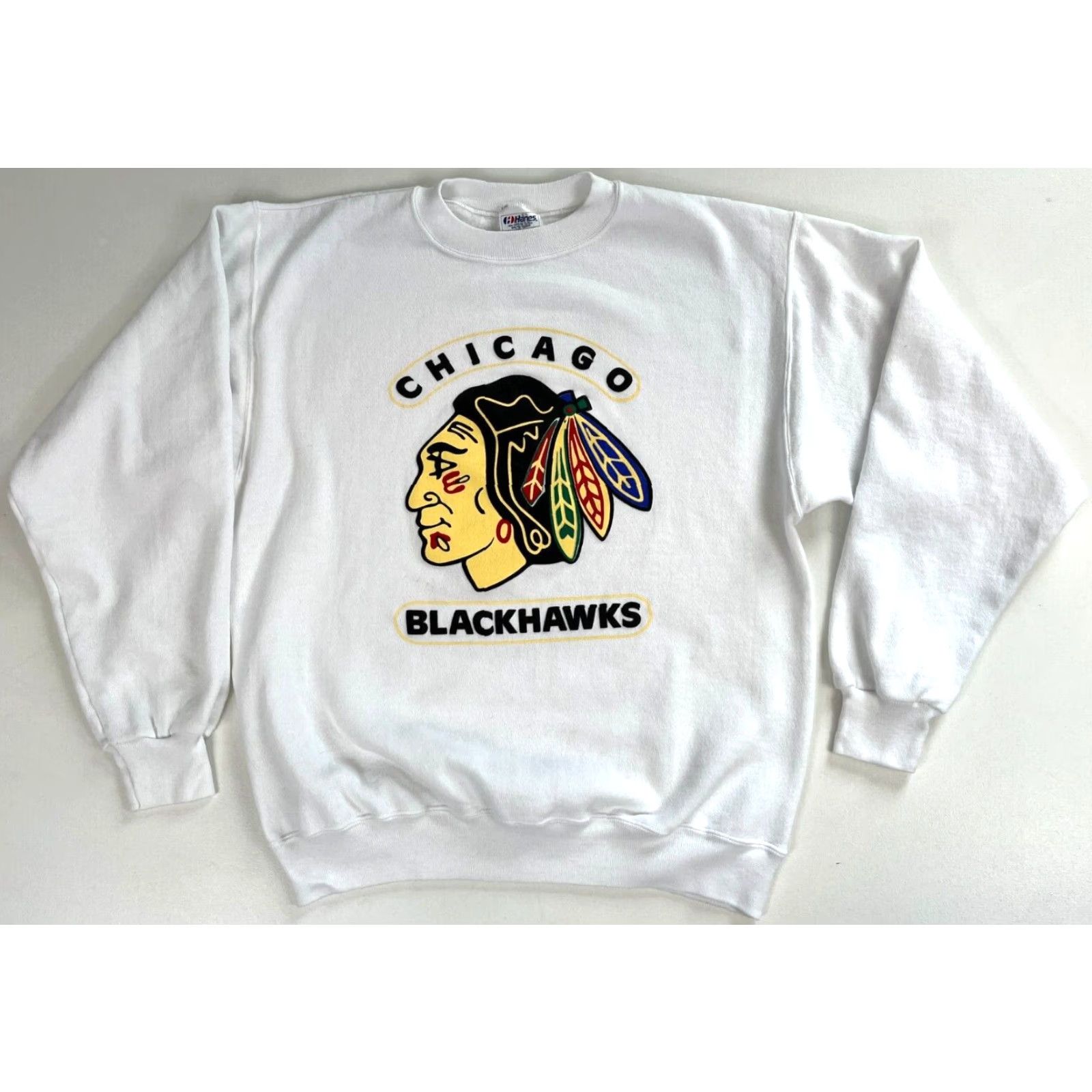 Hanes VINTAGE Hanes Chicago Blackhawks NHL Sweatshirt Crewneck Mens Adult Large White 90s Logo Pullover Size US L / EU 52-54 / 3 - 2 Thumbnail