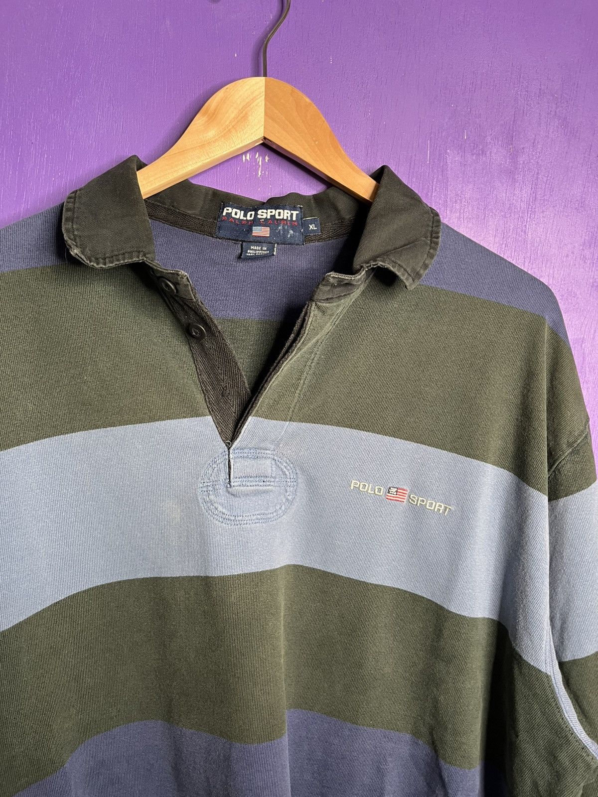 Polo Ralph Lauren × Vintage Vintage 90s Polo sport black/blue striped rugby shirt Size US XL / EU 56 / 4 - 3 Thumbnail