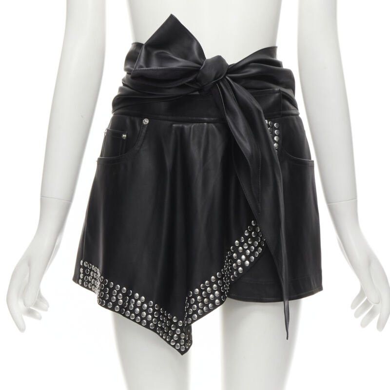 Alexander Wang ALEXANDER WANG black faux leather silver studded draped wrap tie shorts US2 XS Size 27" / US 4 / IT 40 - 1 Thumbnail