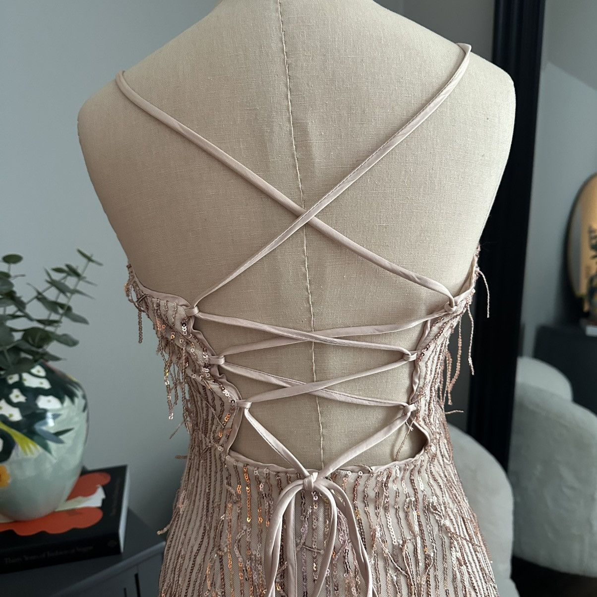Lulus Rose Gold Sequin Fringe Lace-up Maxi Dress