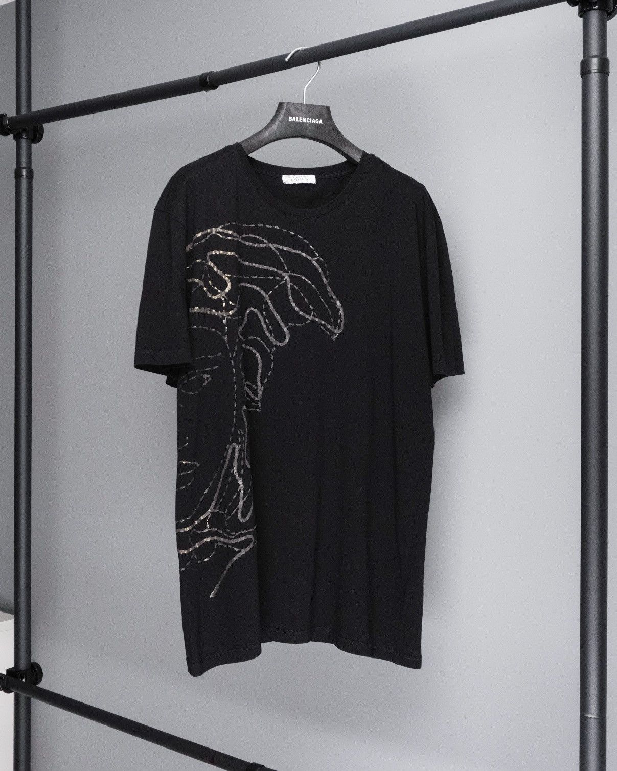 image of Gianni Versace Big Medusa Gold Printed Logo Black Tee Shirt, Men's (Size XL)