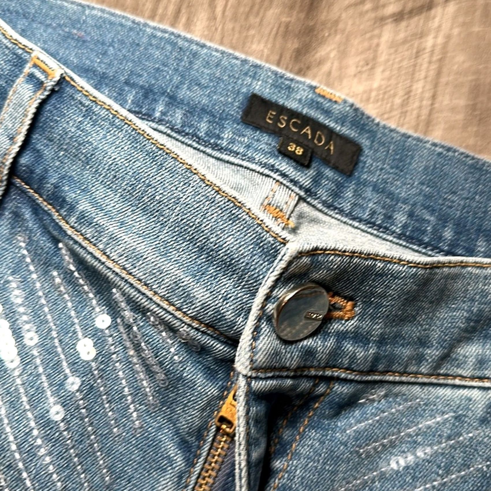 Escada ESCADA Jeans - 38 Women Sequined Blue Cotton Elastane Straight Regular 31 Inseam 27.5" 37.5" Rise 10" Leg Opening 7.5" Thigh 13" MS10568 Mens? Size 30" / US 8 / IT 44 - 7 Thumbnail