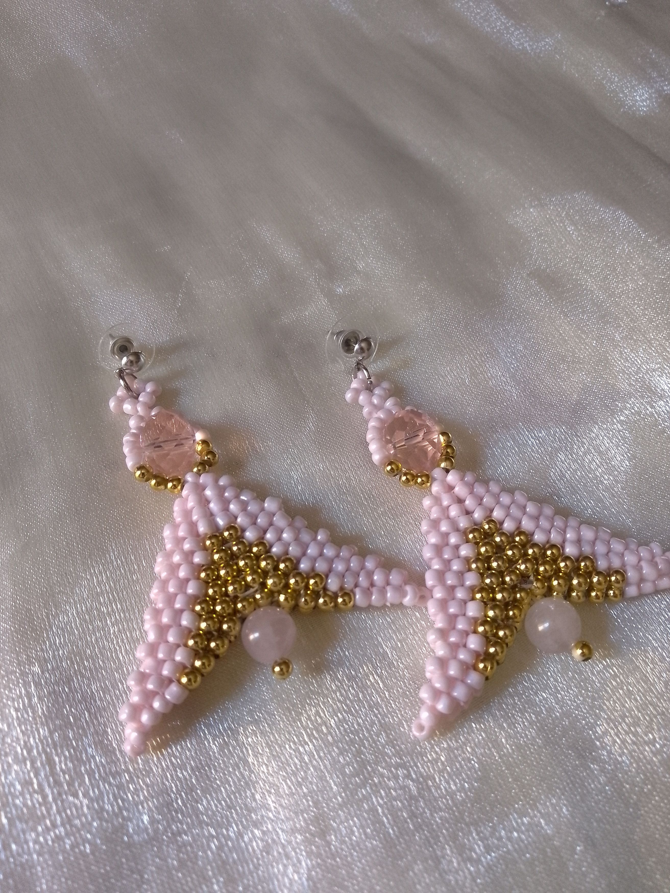 Handmade Earrings Rose Quartz Gemstones Angel shape golden pink Size ONE SIZE - 2 Thumbnail