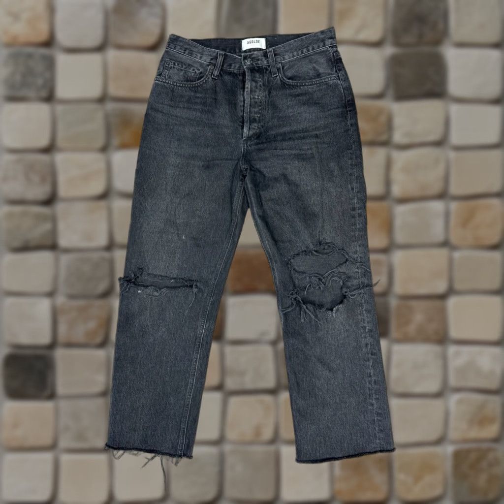 AGOLDE Lana Jeans Women 27 Black Cotton Distressed Fringe Hem Straight Leg 30x24