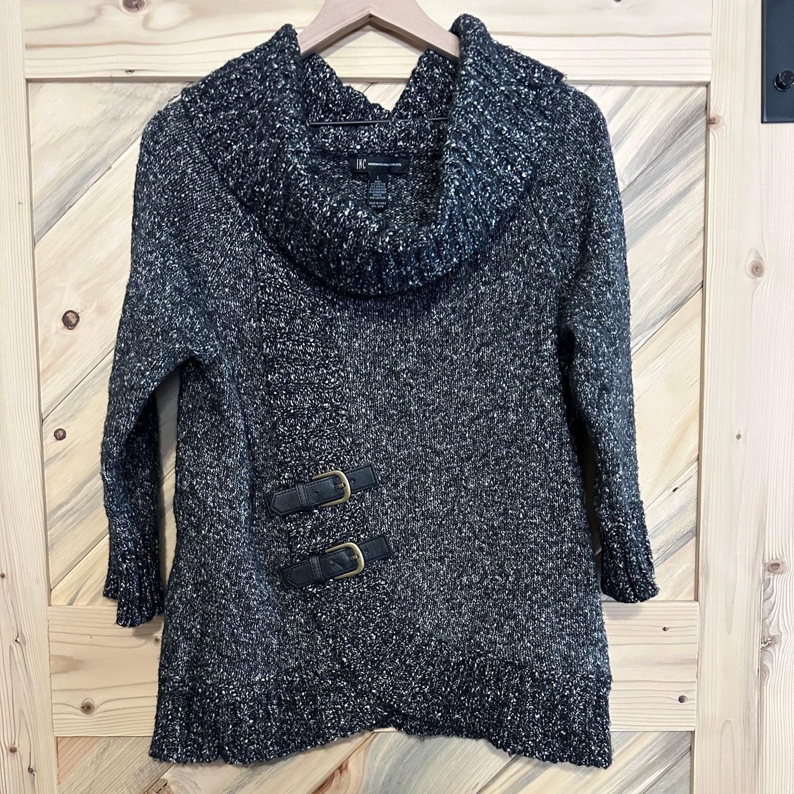 I.N.C INC sweater with leather-like buckles black/white very soft Size L / US 10 / IT 46 - 1 Thumbnail
