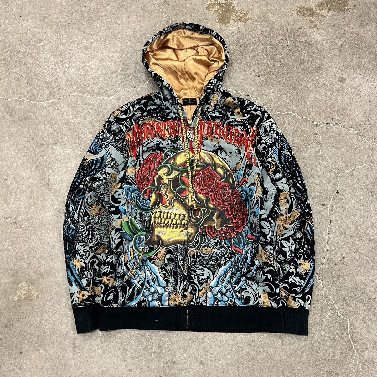 image of Y2K Christian Audigier All Over Print Skull Hoodie, Men's (Size Large)