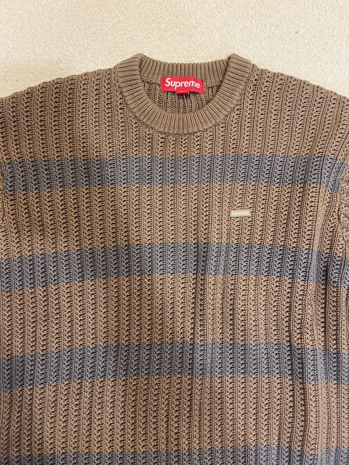 Supreme Supreme Loose Gauge Stripe Small Box Sweater Khaki Size US M / EU 48-50 / 2 - 4 Thumbnail