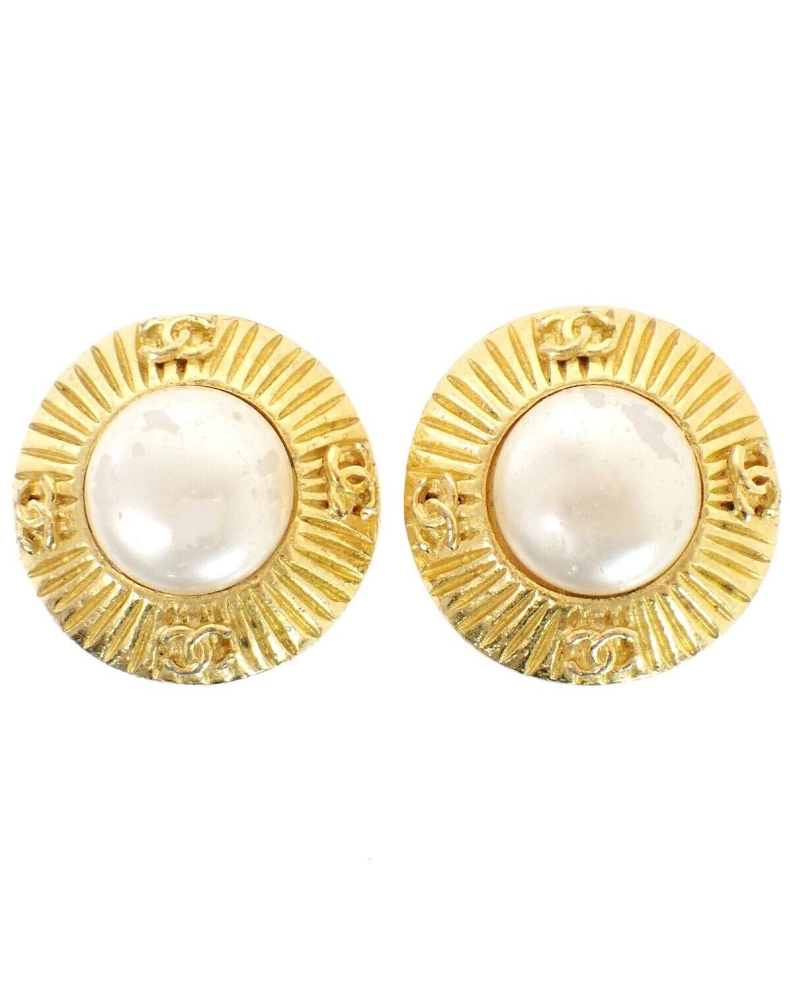 image of Chanel Gold Round Button Earrings With Imitation Pearls, Women's