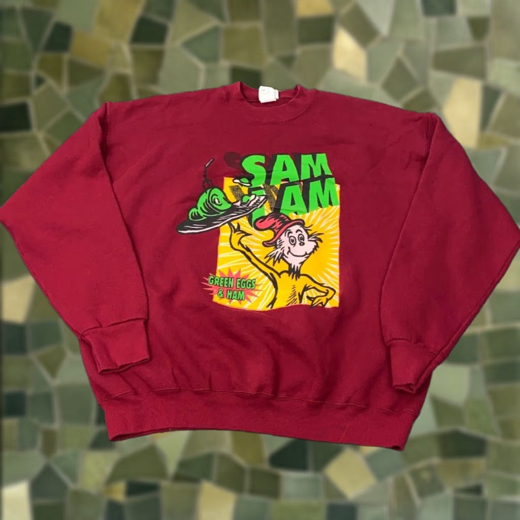 Vintage VINTAGE Dr Seuss Sweatshirt Mens XL Crew Neck Maroon Red Sam I Am Green Eggs & Ham USA 90s Cartoon Funny Pullover Sweatshirt Mens Size US XL / EU 56 / 4 - 1 Thumbnail