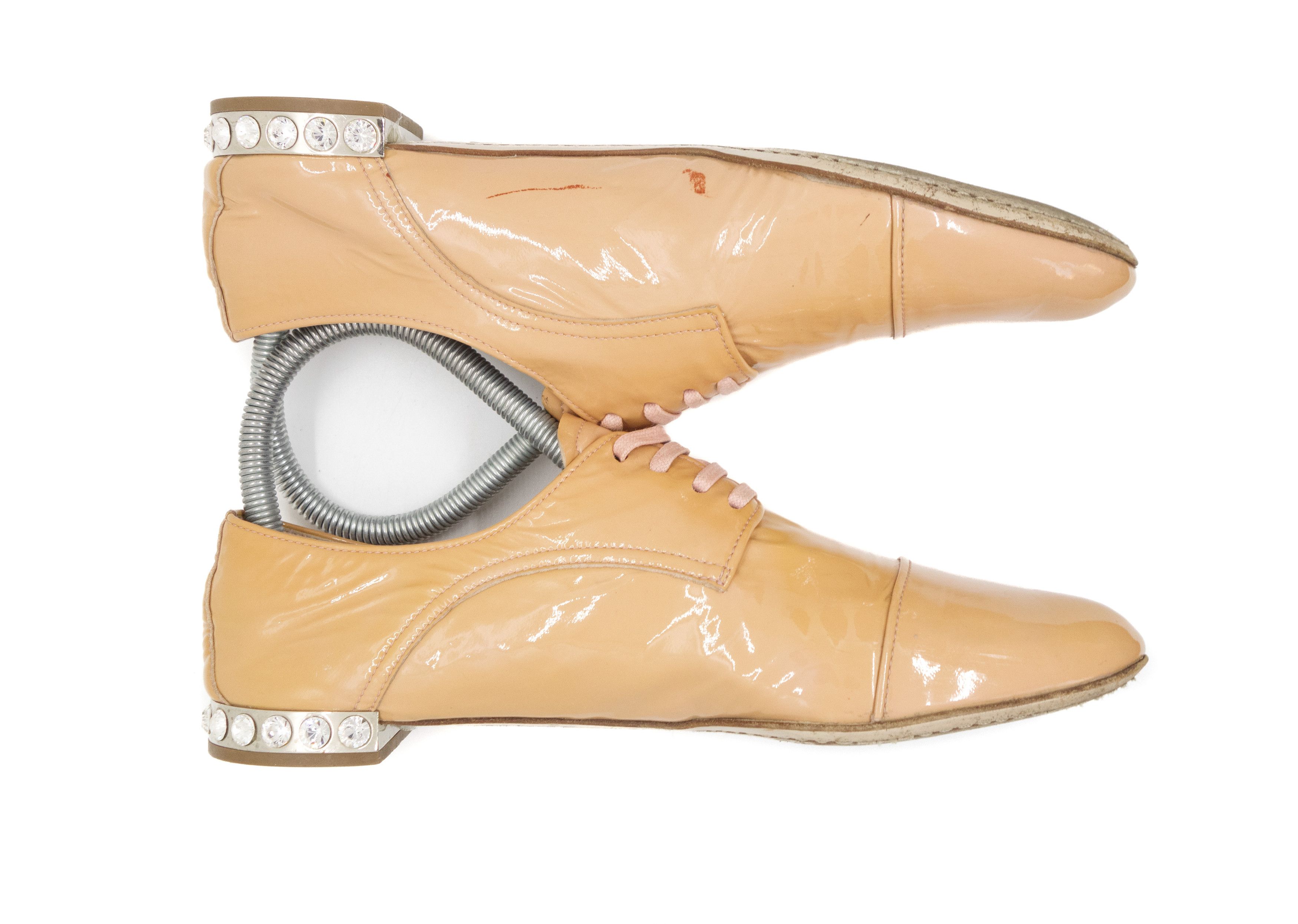 Miu Miu 00s Sesame Patent Leather Crystal Embellished Derby Shoes Size US 7.5 / IT 37.5 - 4 Thumbnail