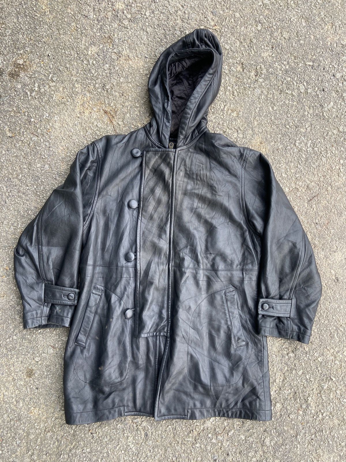 Yohji Yamamoto Circa 92–93 Hooded Leather Coat with Asymmetrical Button Size US L / EU 52-54 / 3 - 3 Thumbnail