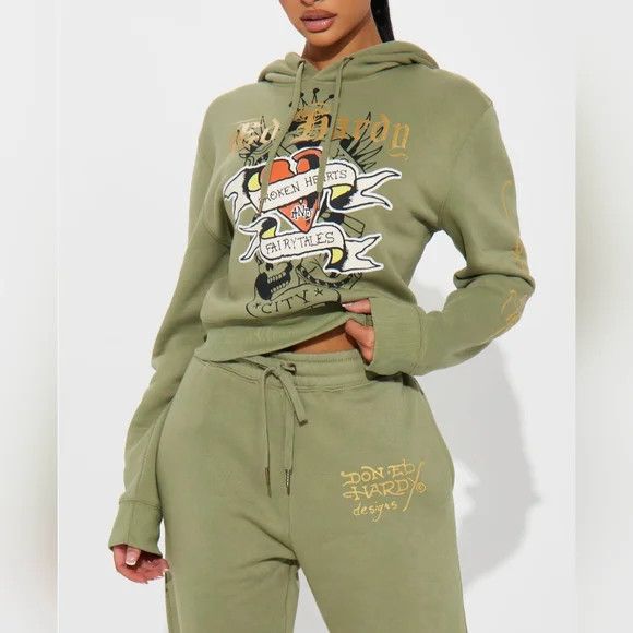 Ed Hardy Broken Hearts Sage Sweatsuit Coord Set Lounge Retro Y2K Size ONE SIZE - 5 Thumbnail