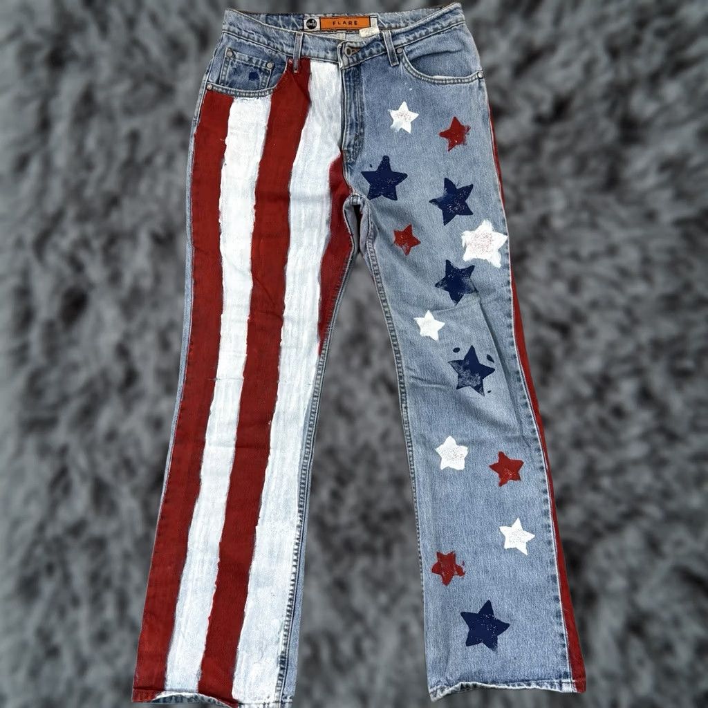 Levi's VINTAGE Levi's Silvertab Jeans Womens Jeans 90s Blue USA Flag Flare Leg 13 Juniors Denim Zip Waist 32 Inseam 32 Pockets Logo Size 34" / US 12 / IT 48 - 1 Thumbnail