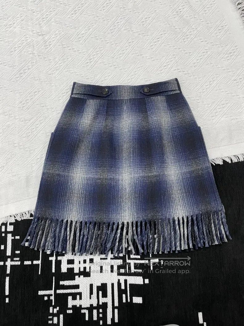 Dior Dior Blue plaid wool tassel skirt Size 42" / US 20 - 2 Thumbnail
