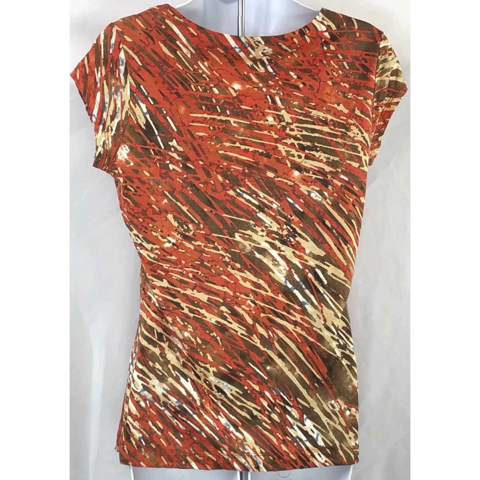 CO Liz & Co Scoop Cowl Draped Neck Top S Orange Geo Pleated Short Sleeve Bohemian Size S / US 4 / IT 40 - 3 Thumbnail
