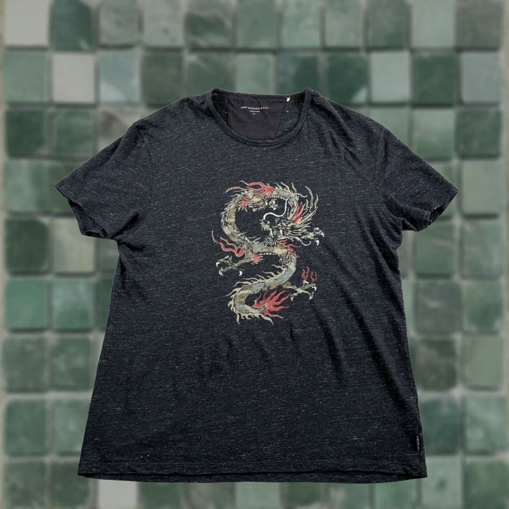 John Varvatos John Varvatos Dragon Print T Shirt in Grey 100% Linen Men XL Crew Neck Short Sleeve Graphic Print Designer Grunge Snake All Seasons Breathable Size US XL / EU 56 / 4 - 1 Thumbnail