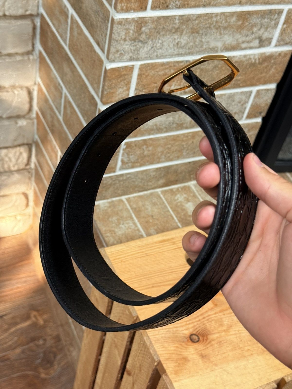 Saint Laurent Paris Saint Laurent Frame Thin Belt Crocodile Embossed Belt Size ONE SIZE - 5 Thumbnail